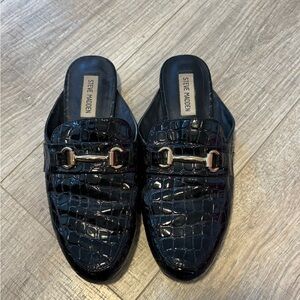 Steve Madden Black Croc-Embossed Patent Horsebit Mules